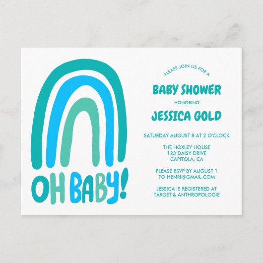 OH BABY SHOWER Sweet Blue Rainbow CUSTOM Einladungspostkarte (Vorderseite)