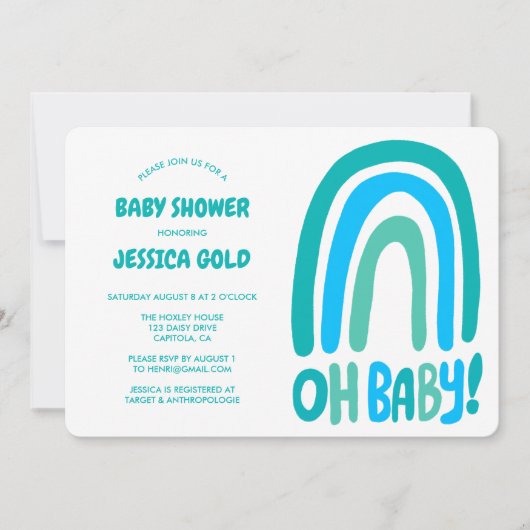 OH BABY SHOWER Sweet Blue Rainbow CUSTOM QR CODE Einladung (Vorderseite)