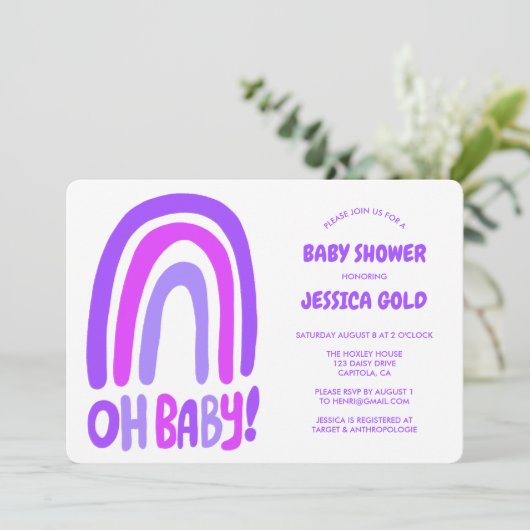 OH BABY SHOWER Sweet Lila Rainbow CUSTOM Einladung (Stehend Vorderseite)