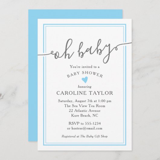 Oh Baby Simple Blue Heart Boy Baby Dusche Einladung (Vorne/Hinten)