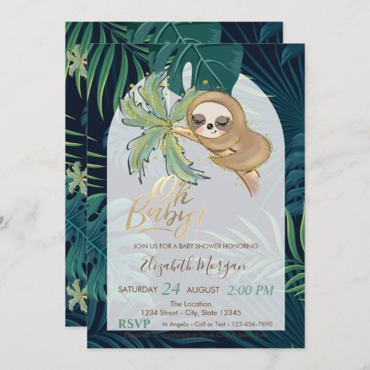 Oh Baby Sleeping Sloth Palm Leaf Babydusche Einladung (Vorne/Hinten)
