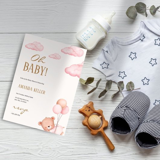 Oh, Baby! Soft Pink Cloud Baby Bear Dusche Einladung