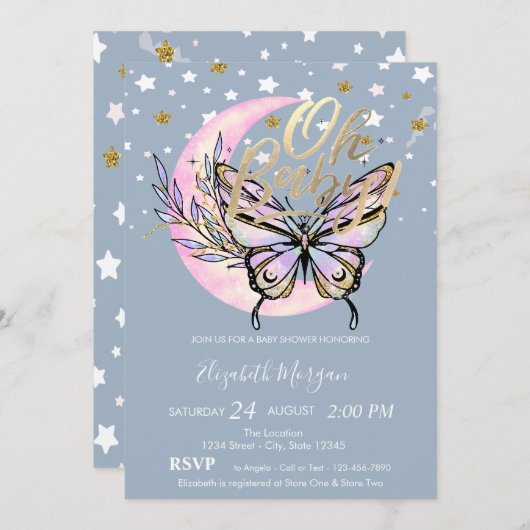 Oh Baby Stars Moon Butterfly Blue Baby Shower Einladung (Vorne/Hinten)