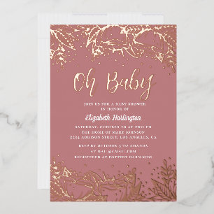 Oh Baby. Staubiges Roségold Blumenlinie Babyparty Folieneinladung