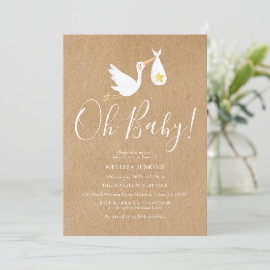 Oh Baby Stork Rustic Baby Dusche Einladung (Stehend Vorderseite)