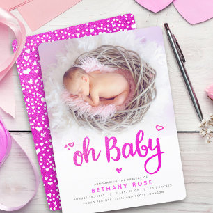 Oh Baby Sweet Girl Foto Pink Hearts Script Birth Ankündigung