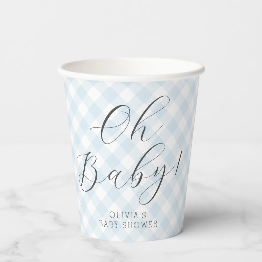Oh Baby! Sweet Light Blue Gingham Baby Shower Pappbecher (Rückseite)