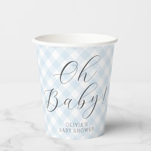 Oh Baby! Sweet Light Blue Gingham Baby Shower Pappbecher (Vorderseite)