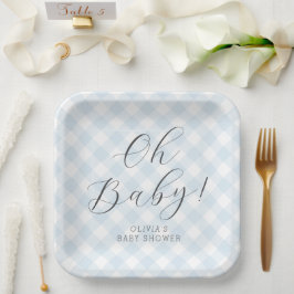 Oh Baby! Sweet Light Blue Gingham Baby Shower Pappteller