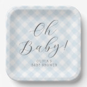Oh Baby! Sweet Light Blue Gingham Baby Shower Pappteller (Vorderseite)