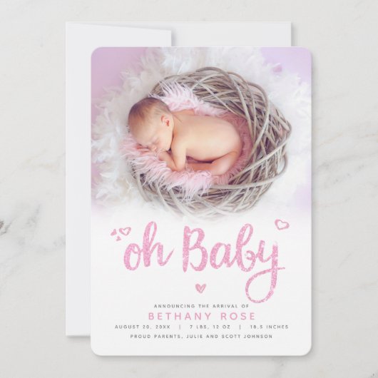 Oh Baby Sweet Modern Chic Pink Girl Birth Foto Ankündigung (Vorderseite)