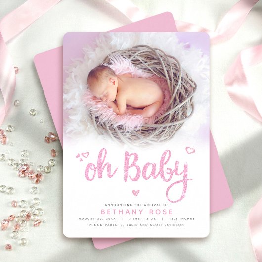 Oh Baby Sweet Modern Chic Pink Girl Birth Foto Ankündigung