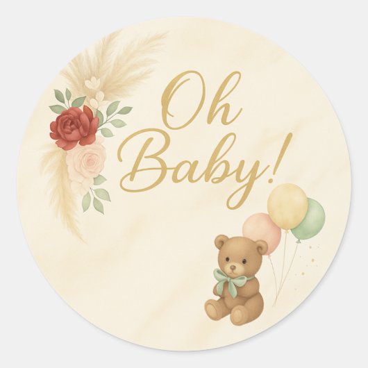 Oh Baby! Teddy Bear & Pampas Baby Shower Sticker (Vorderseite)