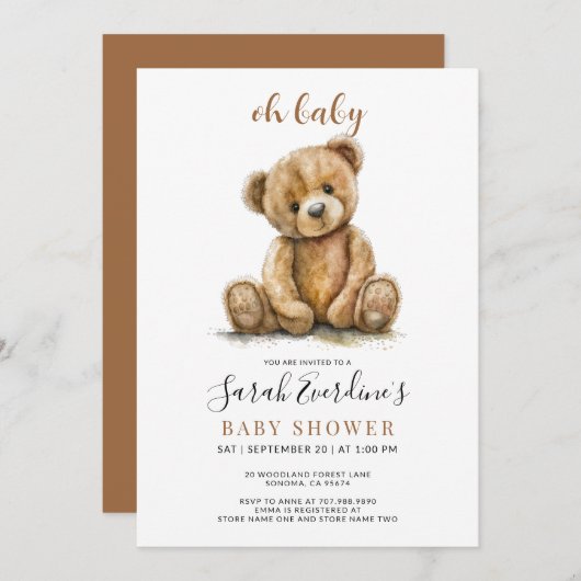 Oh Baby Teddy Bear Watercolor Babydusche Einladung (Vorne/Hinten)
