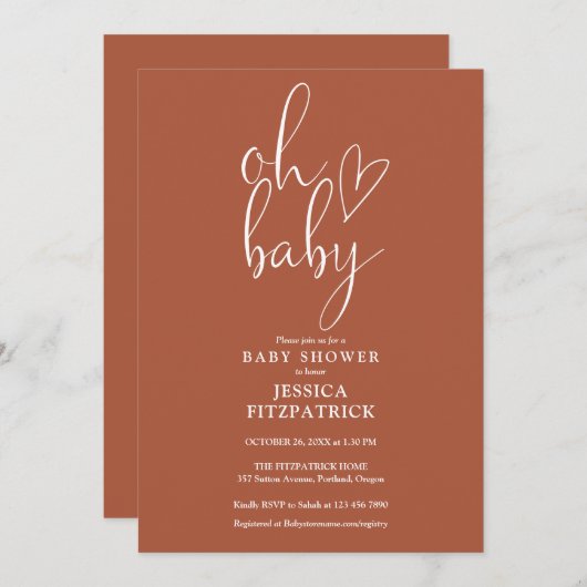 Oh Baby Terracotta Gender Neutral Baby Dusche Einladung (Vorne/Hinten)