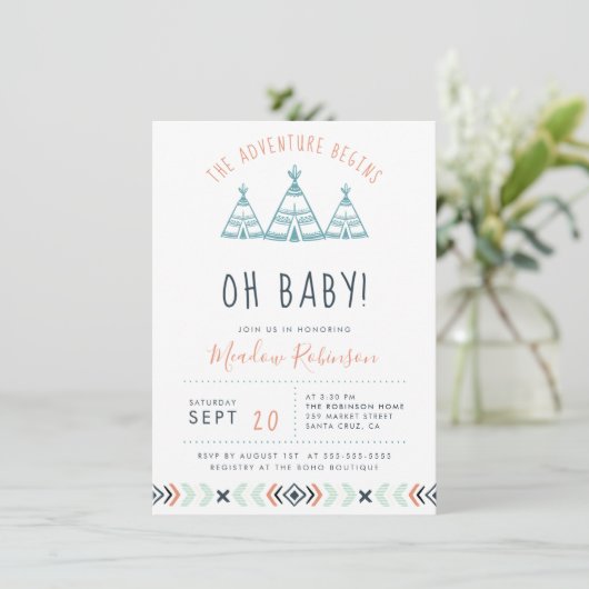 Oh Baby Tribal TeePee Adventure Begins Baby Shower Einladung (Stehend Vorderseite)