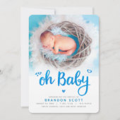 Oh Baby Turquoise Glitzer Script Foto Boy Birth Ankündigung (Vorderseite)