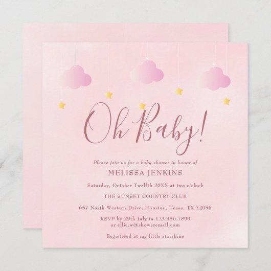 Oh Baby Twinkle Twinkle Soft Pink Baby Dusche Einladung (Vorne/Hinten)