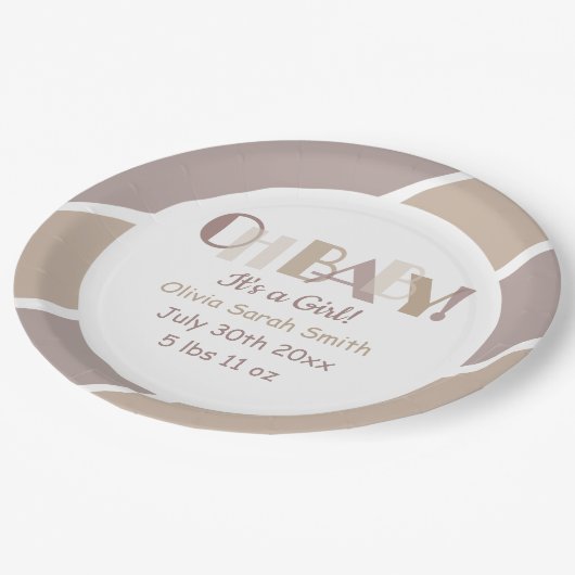 Oh Baby Typografie Mocha Moderne Babydusche Pappteller (Schrägansicht)