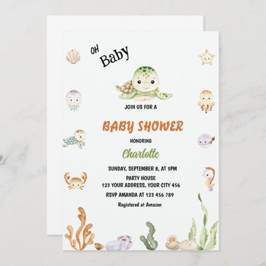 Oh Baby unter der Sea Baby Dusche Einladung (Vorne/Hinten)