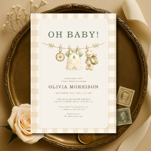 Oh Baby Wald-Wäscheleine Gingham-Baby-Party Einladung