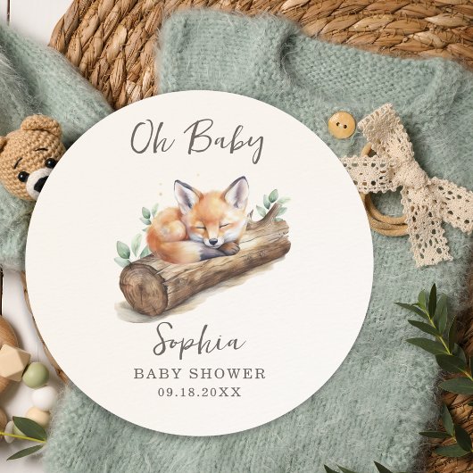 Oh Baby Warm Beige Woodland Fox Baby Shower Runder Aufkleber