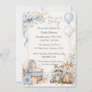 Oh Baby Waschbär und Reh Blaues Babyshower Einladung