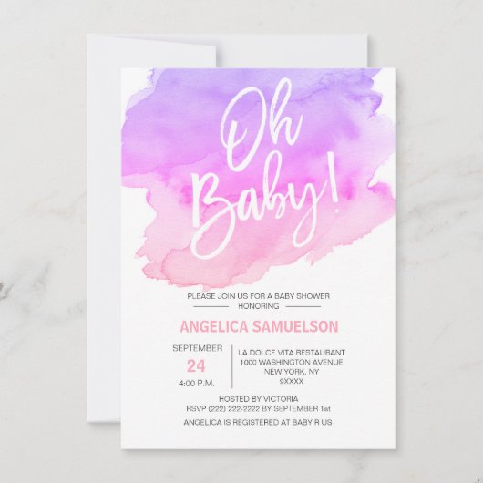 OH BABY! Wasserfarbe Pfirsich Pink Lila Babydusche Einladung (Vorderseite)
