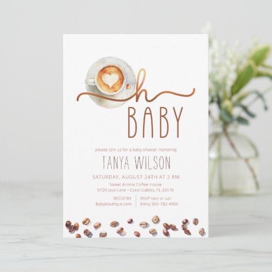Oh Baby Watercolor Coffee Baby Dusche Einladung (Stehend Vorderseite)