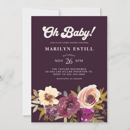 Oh Baby Watercolor Herbst Maroon Babydusche Einladung (Vorderseite)