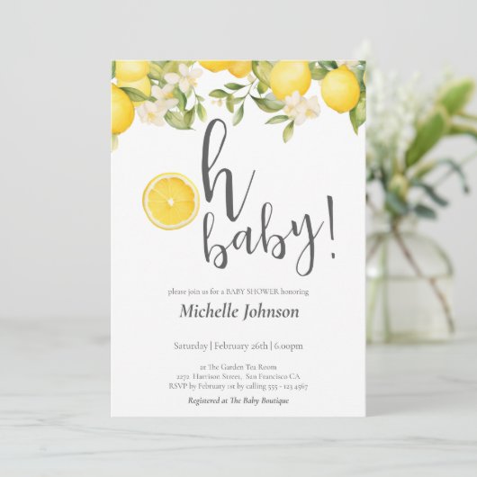 Oh Baby Watercolor Lemon Babydusche Einladung (Stehend Vorderseite)