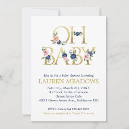 Oh Baby Watercolor Navy & Coral Floral Baby Dusche Einladung