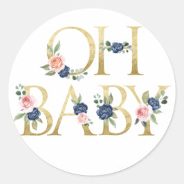 Oh Baby Watercolor Navy & Coral Floral Runder Aufkleber
