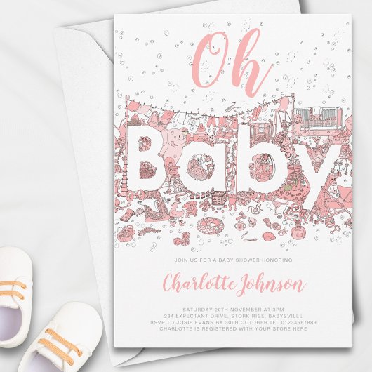 Oh Baby Watercolor Pink Babydusche Einladung