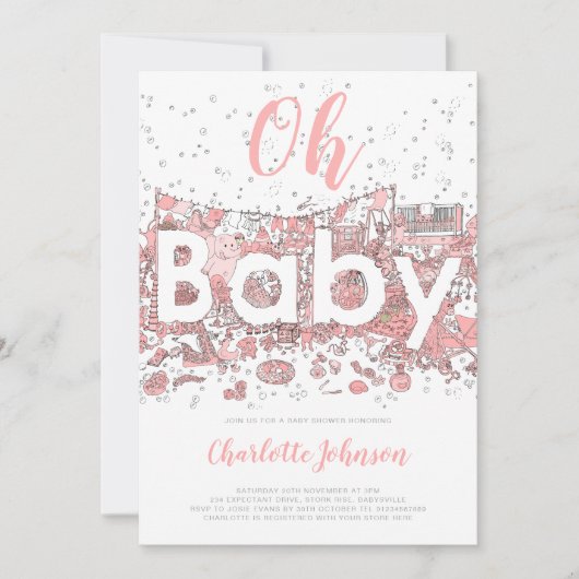 Oh Baby Watercolor Pink Babydusche Einladung (Vorderseite)