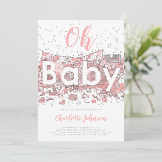 Oh Baby Watercolor Pink Babydusche Einladung (Stehend Vorderseite)