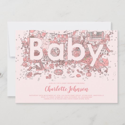 Oh Baby Watercolor Pink Babydusche Einladung (Vorderseite)
