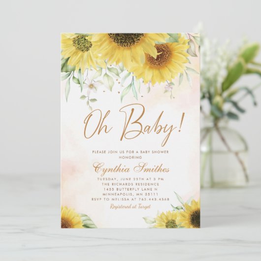 Oh Baby Watercolor Sonnenblumendusche Einladung (Stehend Vorderseite)