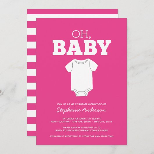 Oh Baby - Whimsical T-Shirt Hot Pink Girl Dusche Einladung (Vorne/Hinten)