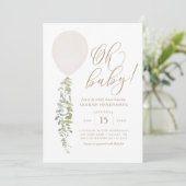 Oh Baby White Balloon Eucalyptus Baby Dusche Einladung (Stehend Vorderseite)