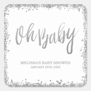 Oh Baby White Silver Imitate Glitzer Babydusche Quadratischer Aufkleber