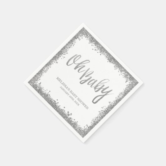Oh Baby White Silver Imitate Glitzer Babydusche Serviette (Ecke)