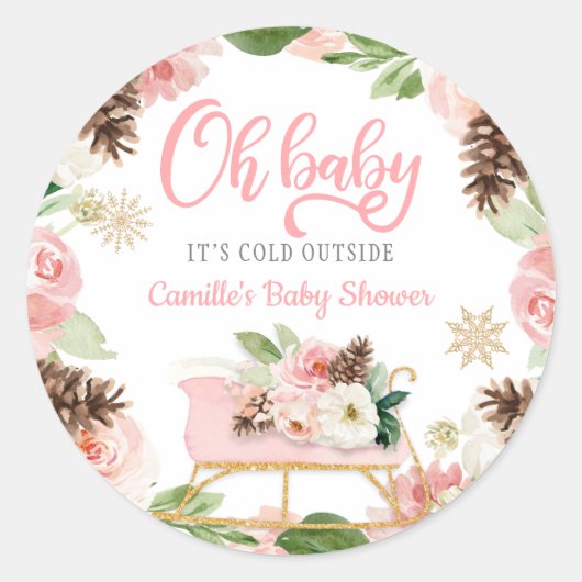 Oh Baby Winter Pink Girl Baby Dusche Gefallen Runder Aufkleber (Vorderseite)