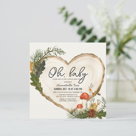 Oh Baby Wood Slice Mushroom Virtual Baby Dusche Einladung (Stehend Vorderseite)