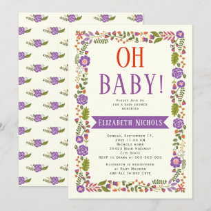 Oh Babydusche lila & orange Blumengrenze Einladung