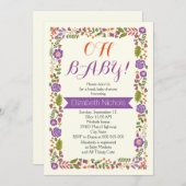 Oh Babydusche lila & orange Blumengrenze Einladung (Vorne/Hinten)