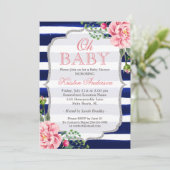 Oh Babydusche Rosa Blütenblättrige Silber Navy Bla Einladung (Stehend Vorderseite)