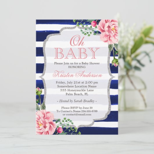 Oh Babydusche Rosa Blütenblättrige Silber Navy Bla Einladung (Stehend Vorderseite)