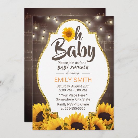 Oh Babyparty-elegante Sonnenblumen u. Musik Einladung (Vorne/Hinten)