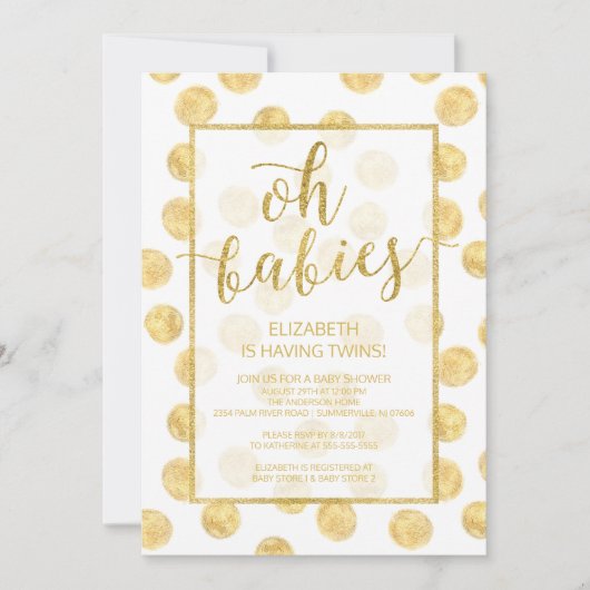 Oh Babys! Gold Dots Twins Baby Dusche Einladung (Vorderseite)